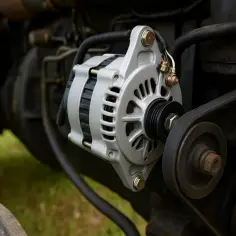 Nowy alternator na traktorze, gotowy do podłączenia regulatora napięcia. Widać pasek napędowy i koła pasowe.
