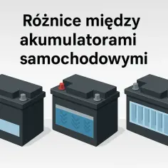 Trzy akumulatory samochodowe obok siebie. Ilustracja pomaga zrozumieć, jak rozpoznać rodzaj akumulatora.