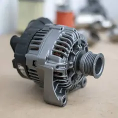 Schemat jak podłączyć alternator. Widoczny element to alternator samochodowy z widocznymi uzwojeniami i kołem pasowym.