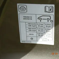 Naklejka informuje, jakie ciśnienie w oponach zimowych 195/65 R15 jest zalecane dla różnych obciążeń.