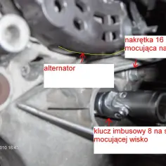Jak założyć pasek alternatora Passat B5: klucz imbusowy 8 na śrubie mocującej, nakrętka 16 mocująca napinacz.