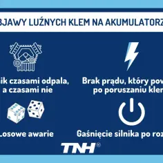 Objawy luźnych klem na akumulatorze: silnik odpala losowo, brak prądu, gaśnięcie silnika po rozruchu.