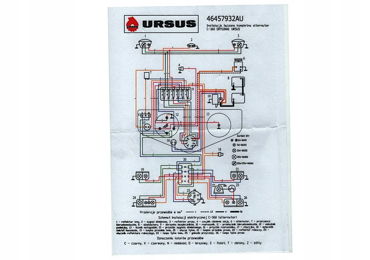 Schemat instalacji elektrycznej Ursus C-360. Pokazuje, jak podłączyć regulator napięcia do alternatora, z elementami takimi jak światła, akumulatory i rozrusznik.