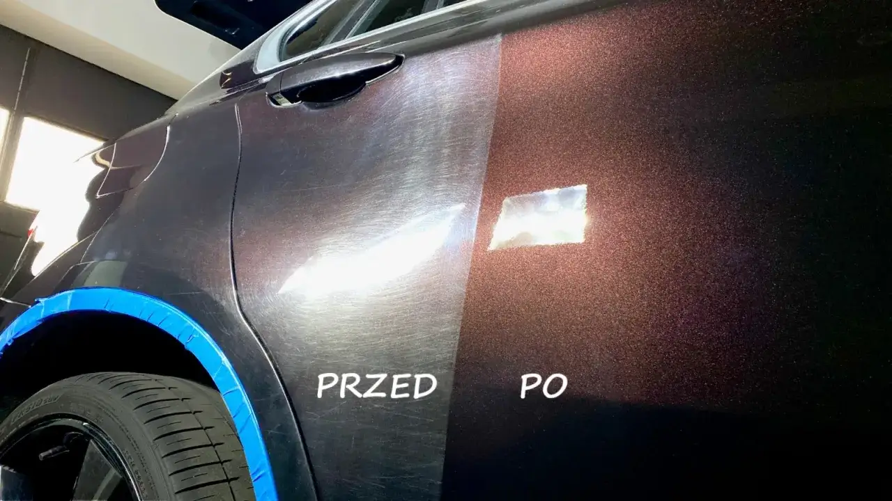 Porównanie lakieru przed i po polerowaniu. Zastanawiasz się, ile kosztuje polerka auta? Efekt mówi sam za siebie!