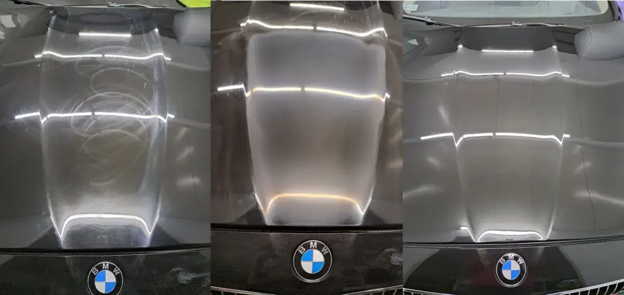 Przed i po polerowaniu maski BMW. Zobacz, jak zmienił się lakier i ile kosztuje polerka auta, by uzyskać taki efekt.