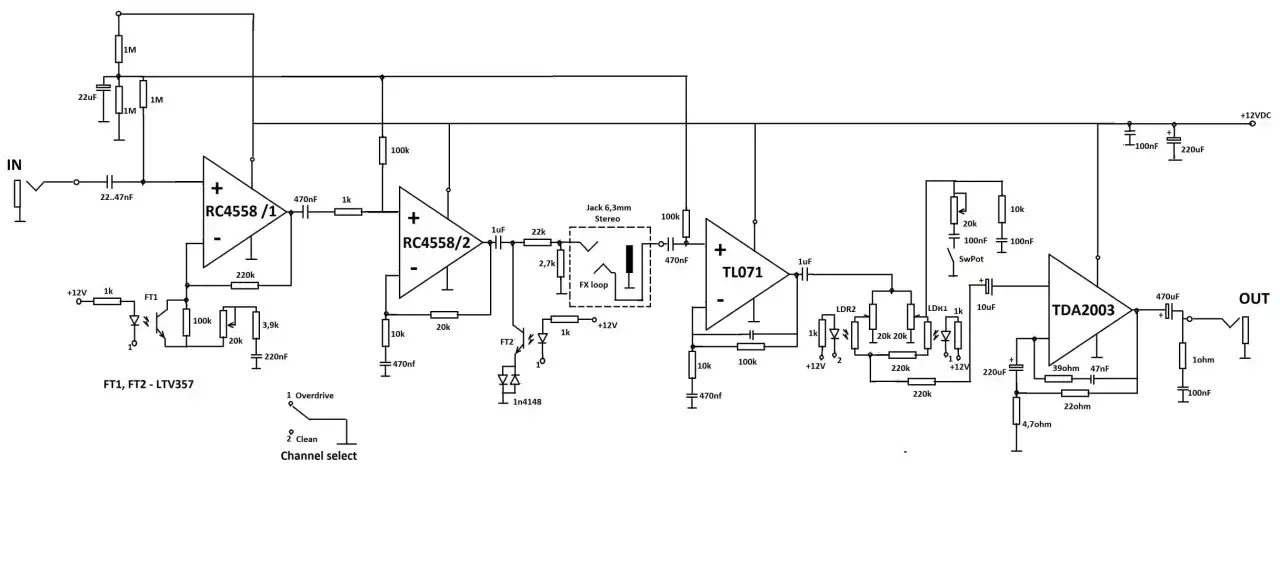 Schemat wzmacniacza audio 12V z układami RC4558, TL071 i TDA2003. Zawiera wejście, wyjście, pętlę efektów i przełącznik kanałów.