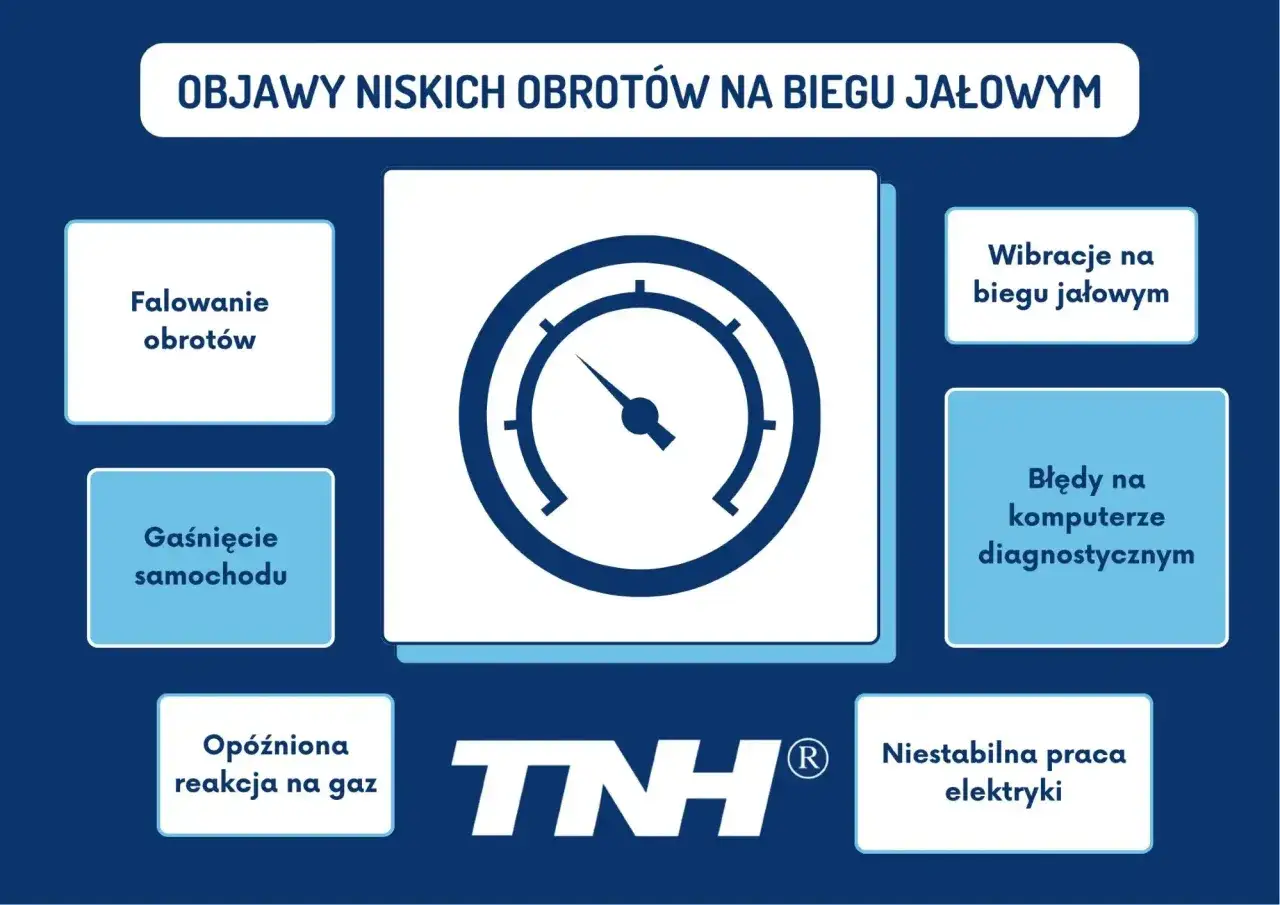 Objawy niskich obrotów na biegu jałowym: falowanie obrotów na zimnym silniku benzyna, gaśnięcie, opóźniona reakcja na gaz, wibracje, błędy diagnostyczne, niestabilna praca elektryki.