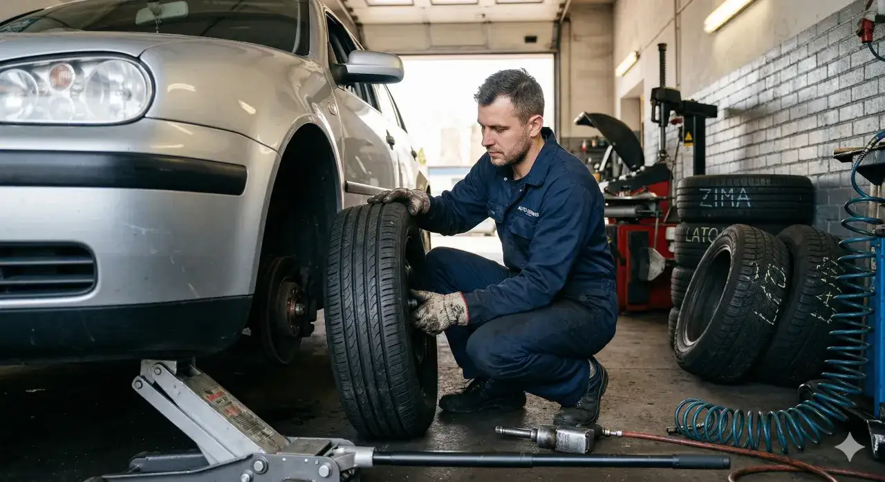 Mechanik wymienia oponę w samochodzie. Zastanawiasz się, ile zajmuje wymiana opon? To szybka usługa w dobrym serwisie.