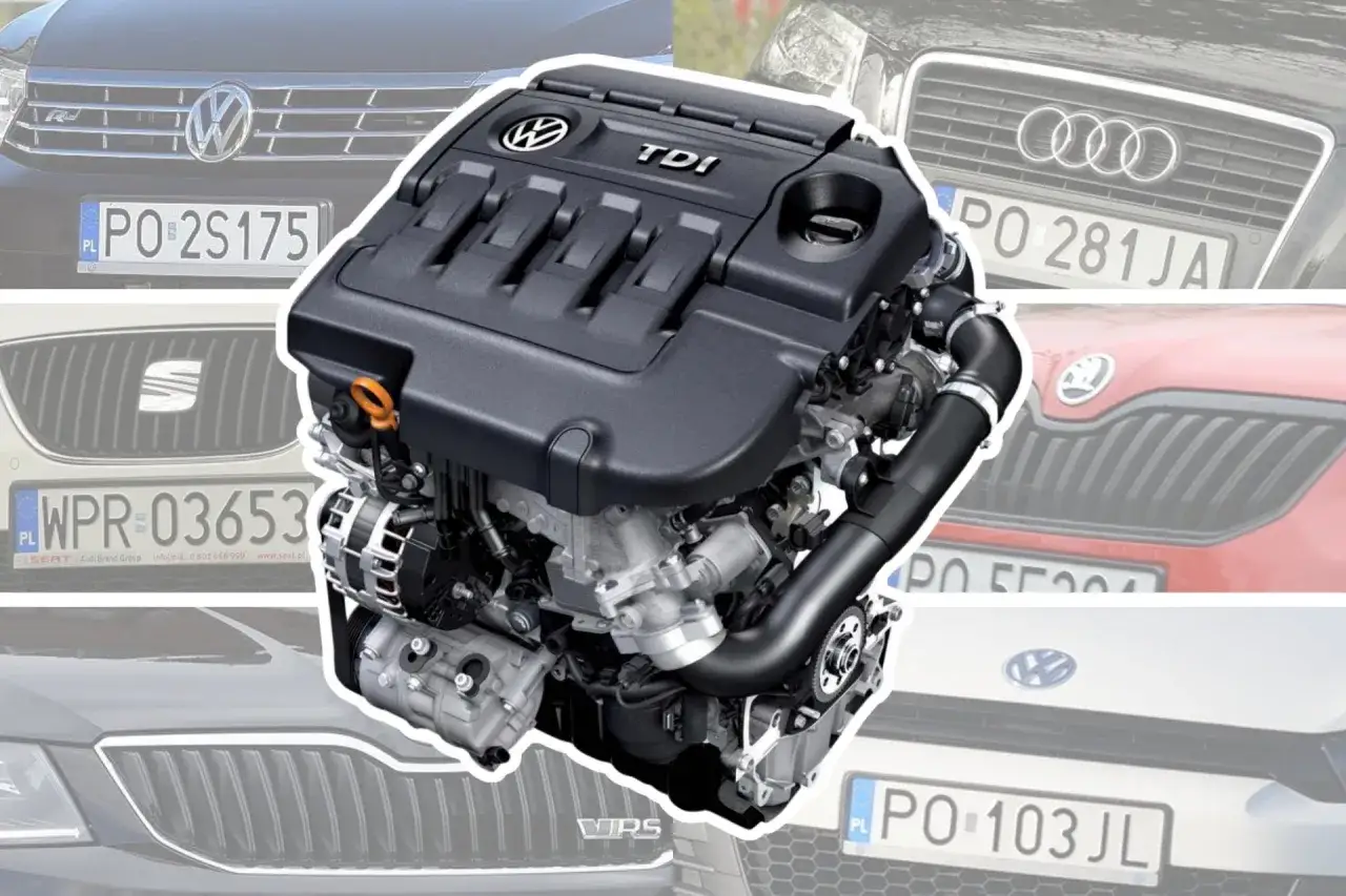 Silnik TDI, symbol mocy i oszczędności, w otoczeniu grillów samochodów marek Volkswagen, Audi, Seat i Skoda.